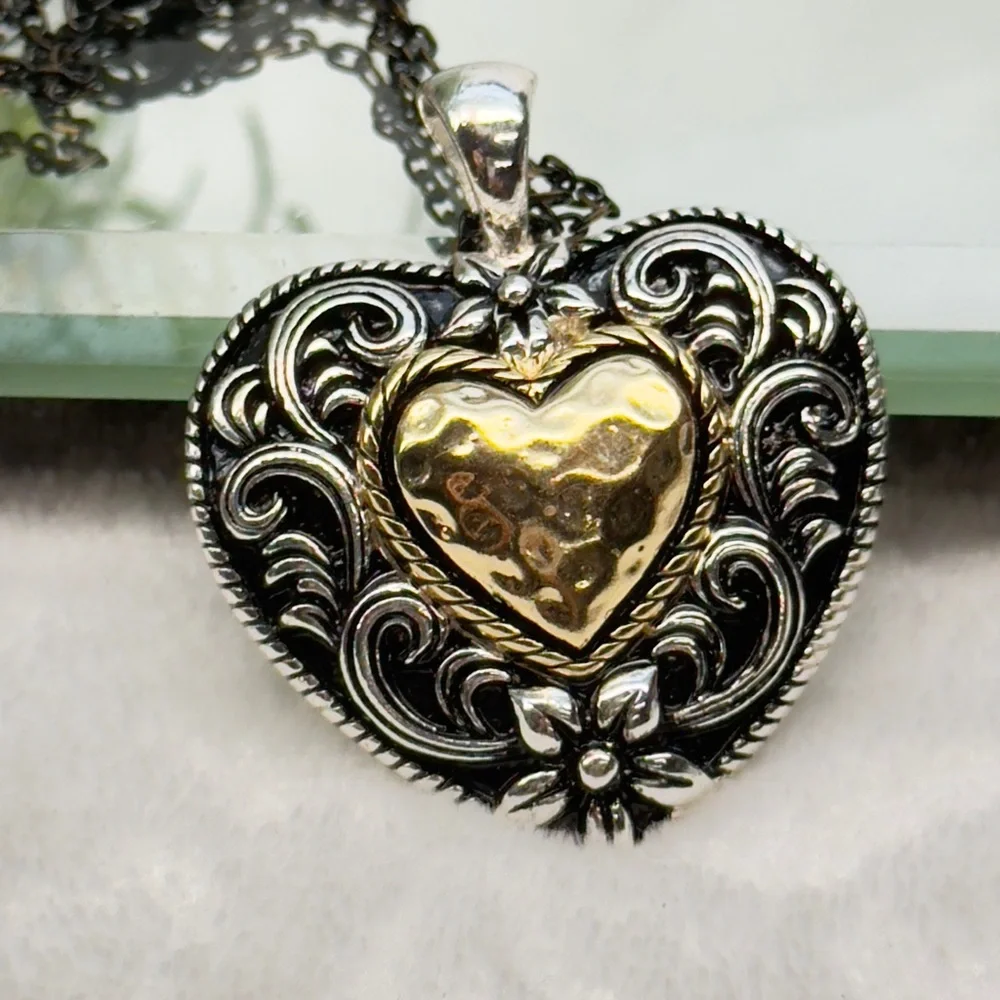 Two tone Big Heart Pendant with Long Two Chain - Picture 3 of 6